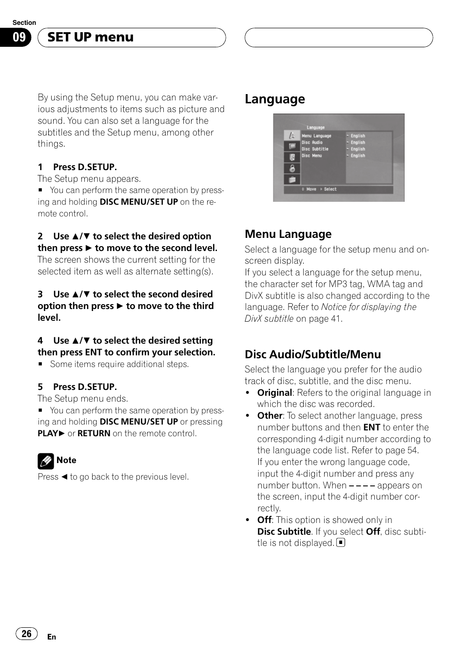 Set up menu language, Menu language 26, Disc audio/subtitle/menu 26 | Language, Set up menu, Menu language, Disc audio/subtitle/menu | Pioneer DVH-3900MP User Manual | Page 26 / 112
