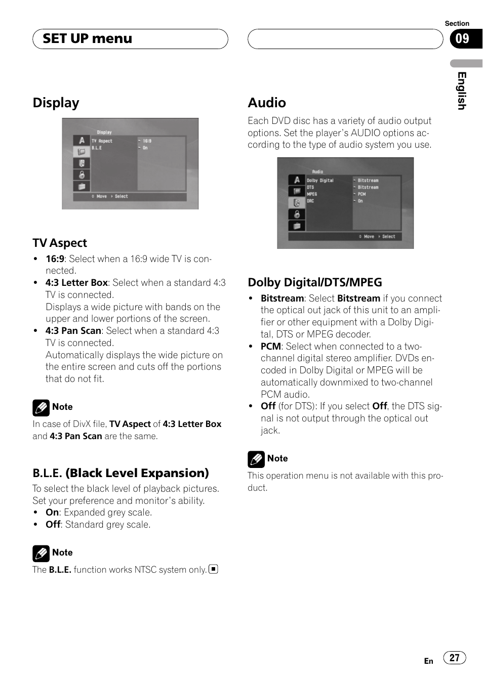 Display, Tv aspect 27, B.l.e. (black level expansion) 27 | Audio, Dolby digital/dts/mpeg 27, Set up menu | Pioneer DVH-3900MP User Manual | Page 27 / 112