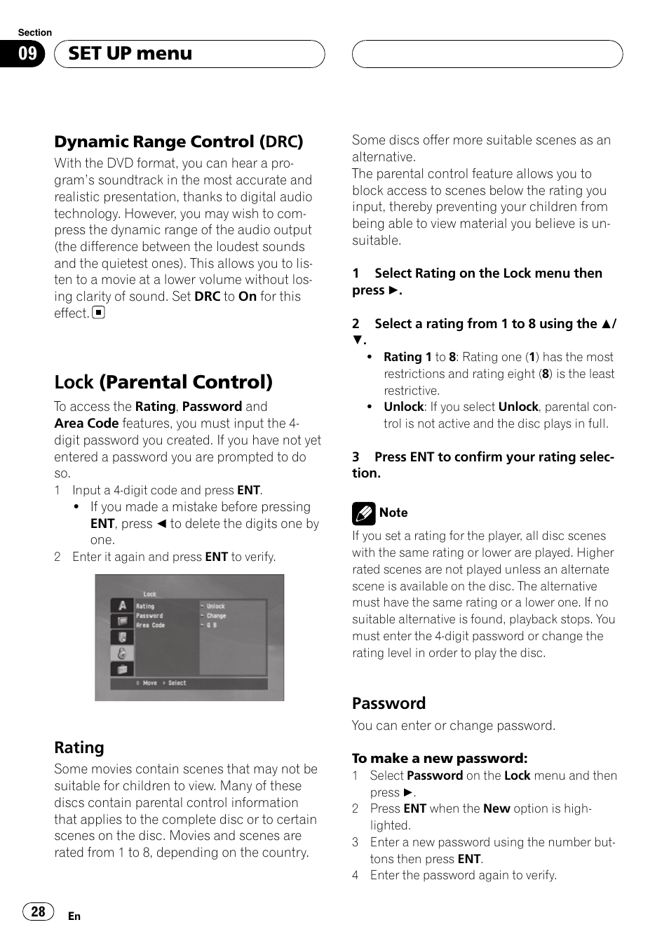 Dynamic range control (drc) 28, Lock (parental control), Rating 28 | Password 28, Set up menu, Dynamic range control (drc), Rating, Password | Pioneer DVH-3900MP User Manual | Page 28 / 112