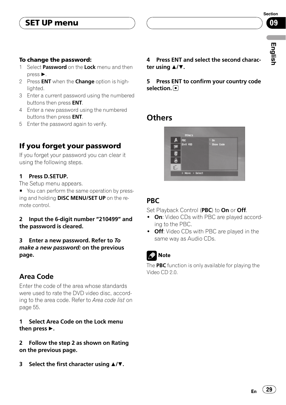 If you forget your password 29, Area code 29, Others | Pbc 29, Set up menu, If you forget your password, Area code | Pioneer DVH-3900MP User Manual | Page 29 / 112