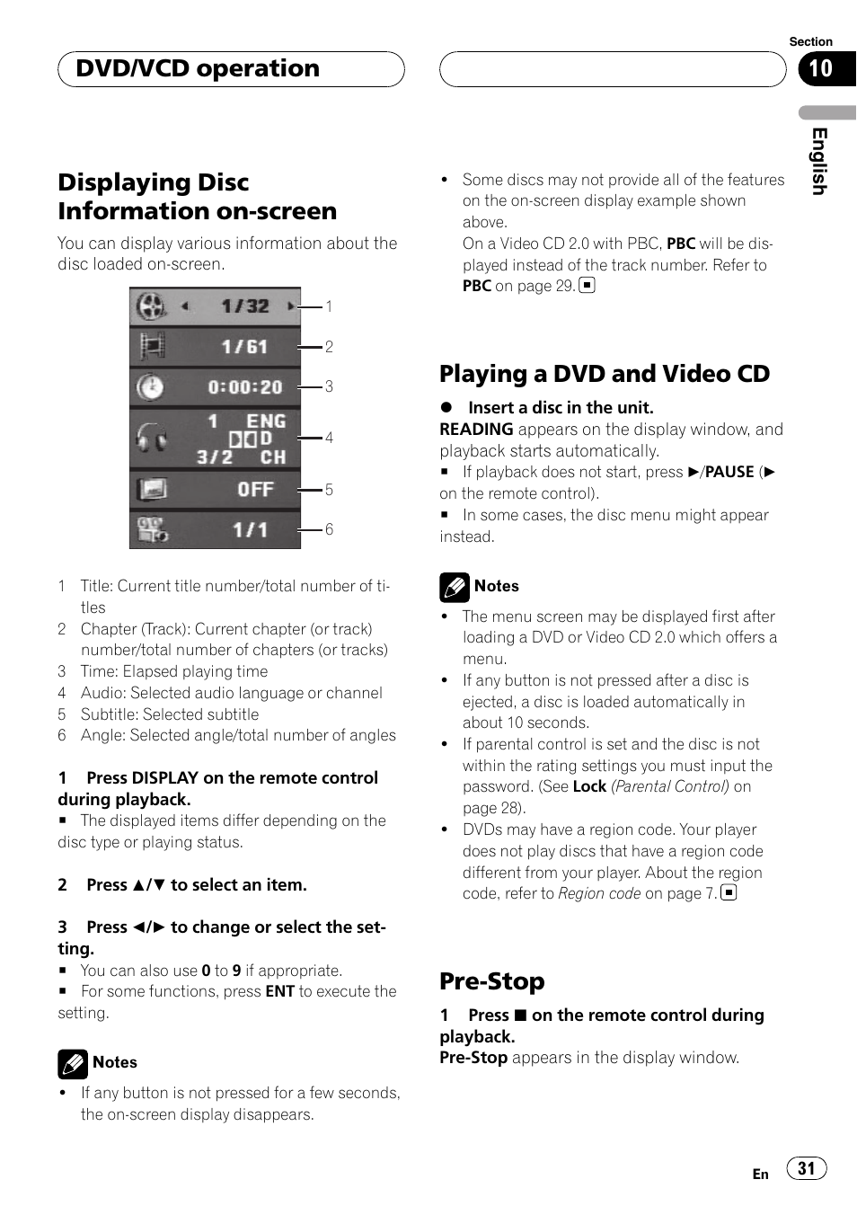 Playing a dvd and video cd, Pre-stop, Displaying disc information on-screen | Dvd/vcd operation | Pioneer DVH-3900MP User Manual | Page 31 / 112