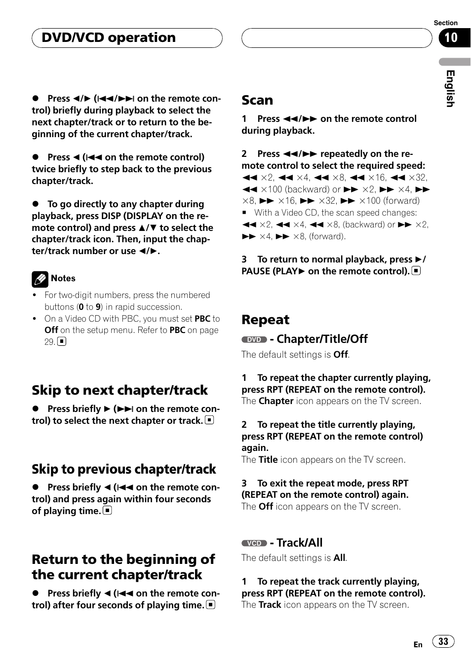 Skip to next chapter/track, Skip to previous chapter/track, Return to the beginning of the current | Chapter/track, Scan, Repeat, Chapter/title/off, Track/all, Dvd/vcd operation | Pioneer DVH-3900MP User Manual | Page 33 / 112