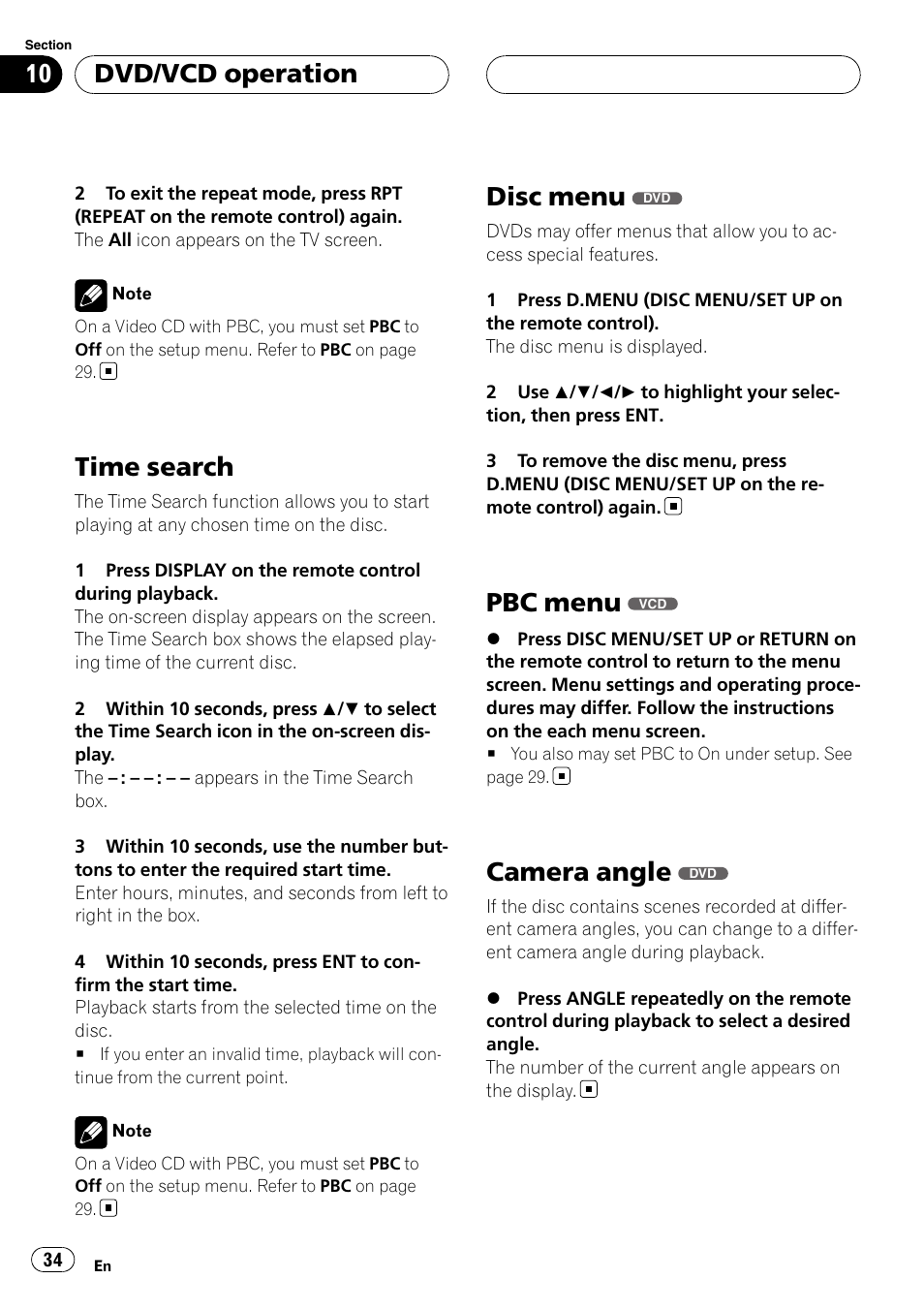 Time search, Disc menu, Pbc menu | Camera angle, Dvd/vcd operation | Pioneer DVH-3900MP User Manual | Page 34 / 112
