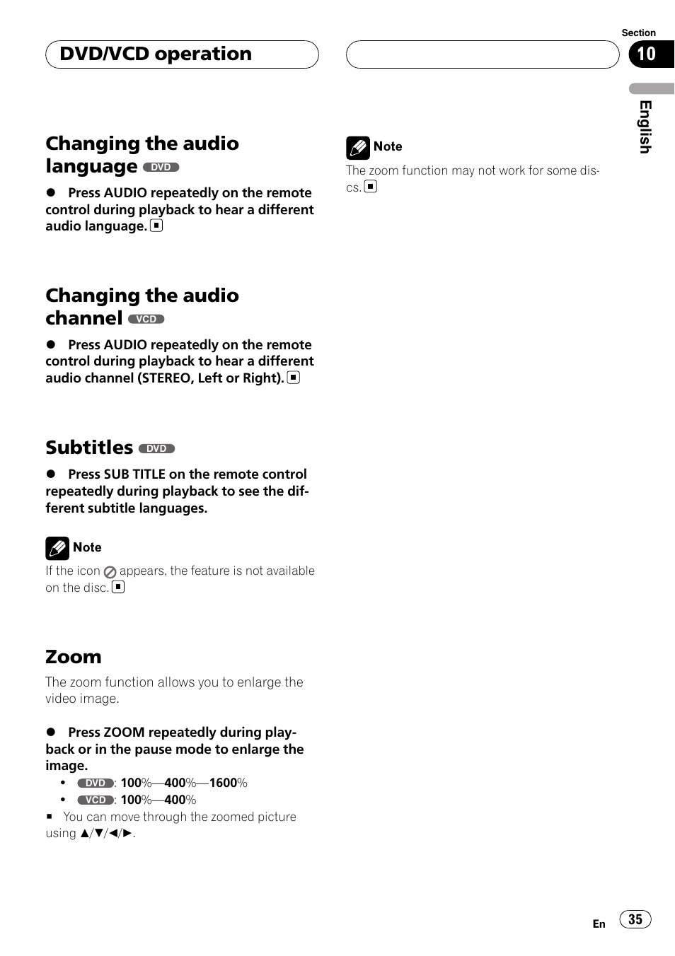 Changing the audio language, Changing the audio channel, Subtitles | Zoom, Dvd/vcd operation | Pioneer DVH-3900MP User Manual | Page 35 / 112