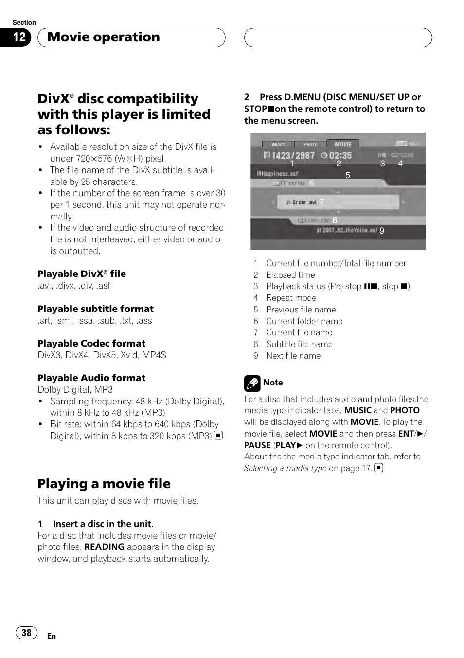Limited as follows, Playing a movie file, Divx | Movie operation | Pioneer DVH-3900MP User Manual | Page 38 / 112