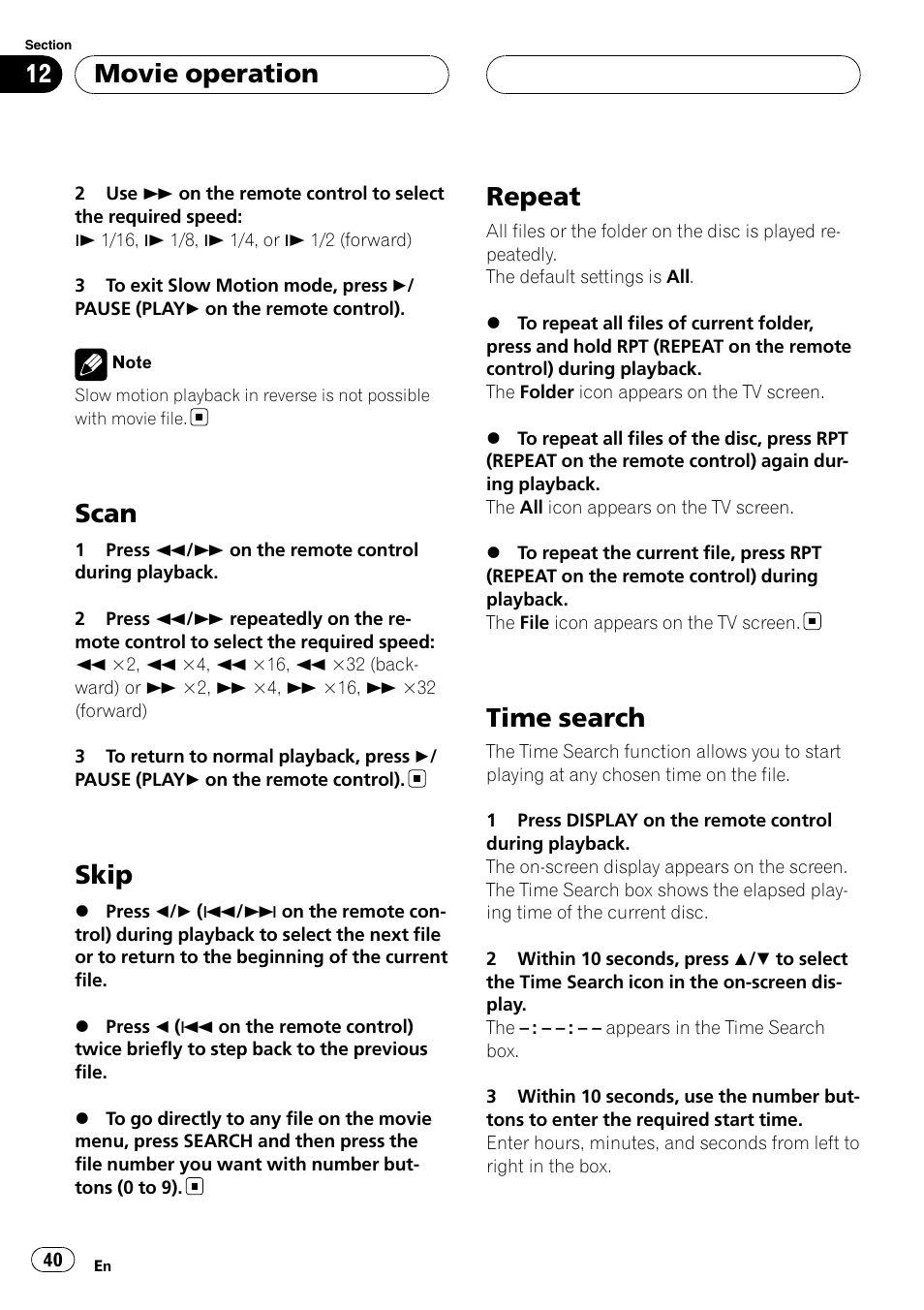 Scan, Skip, Repeat | Time search, Movie operation | Pioneer DVH-3900MP User Manual | Page 40 / 112