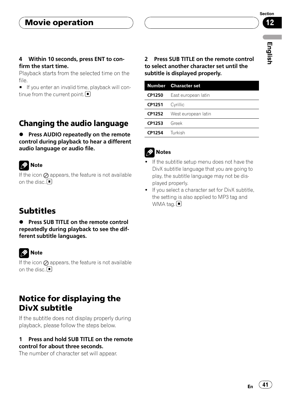 Changing the audio language, Subtitles, Notice for displaying the divx subtitle | Movie operation | Pioneer DVH-3900MP User Manual | Page 41 / 112