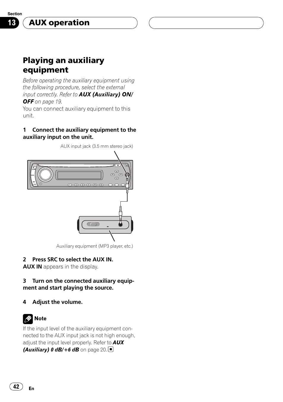 Aux operation playing an auxiliary equipment, Playing an auxiliary equipment, Aux operation | Pioneer DVH-3900MP User Manual | Page 42 / 112