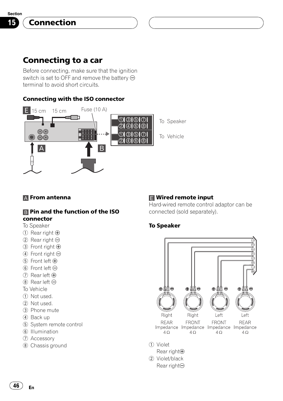 Connecting to a car, Connection | Pioneer DVH-3900MP User Manual | Page 46 / 112