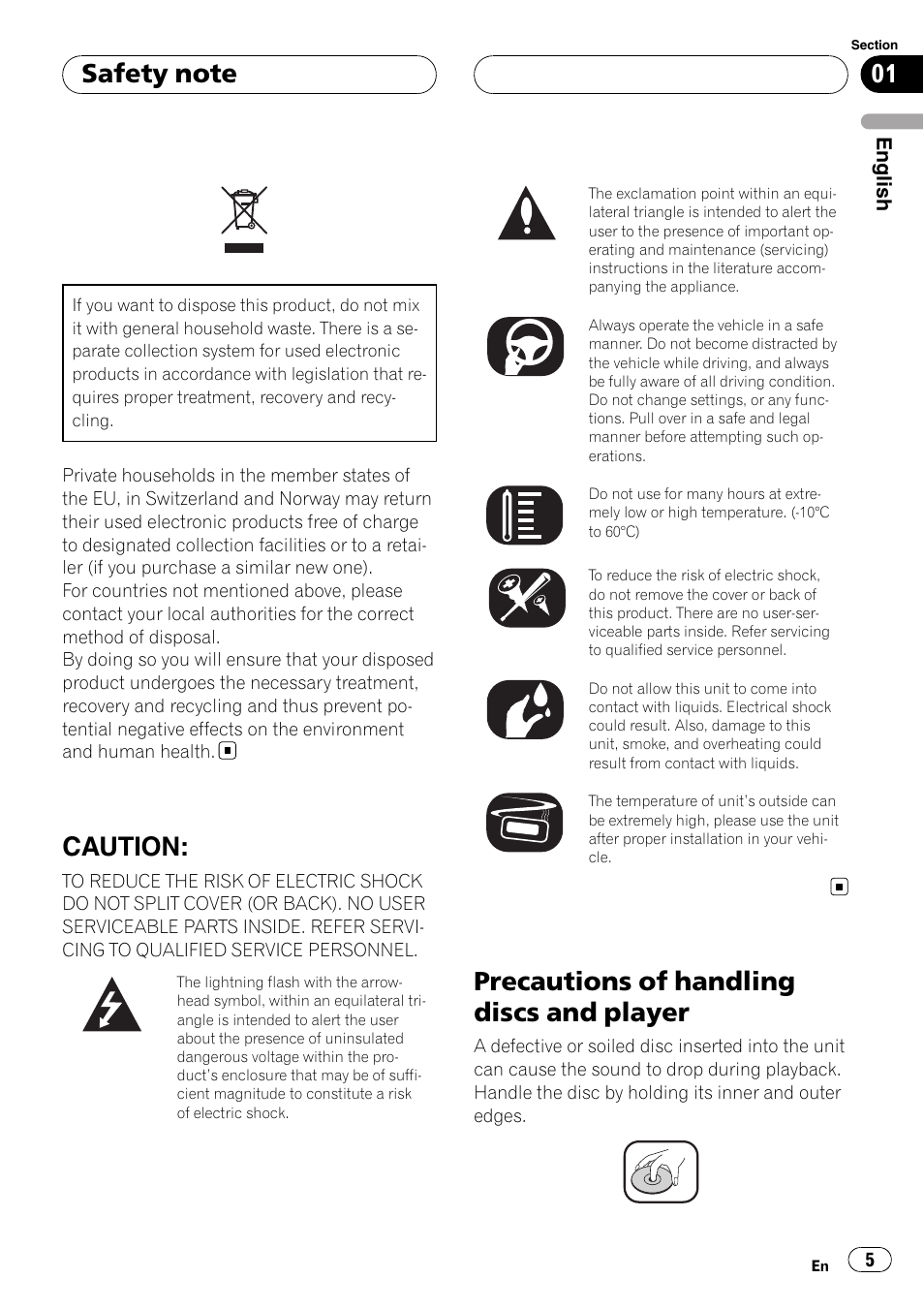 Safety note, Caution, Precautions of handling discs and player | Pioneer DVH-3900MP User Manual | Page 5 / 112