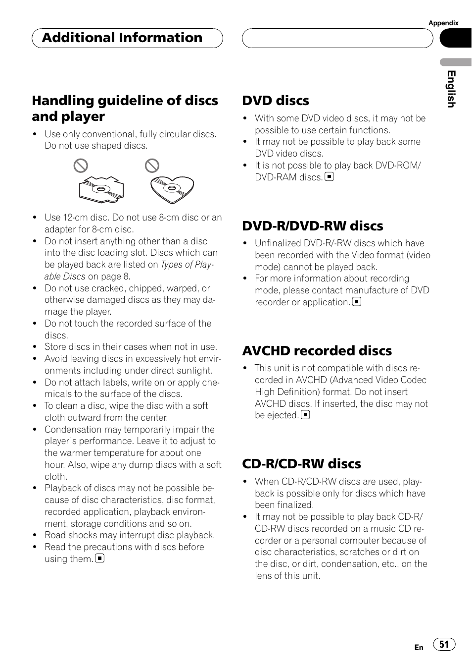 Handling guideline of discs and player, Dvd discs, Dvd-r/dvd-rw discs | Avchd recorded discs, Cd-r/cd-rw discs, Additional information | Pioneer DVH-3900MP User Manual | Page 51 / 112