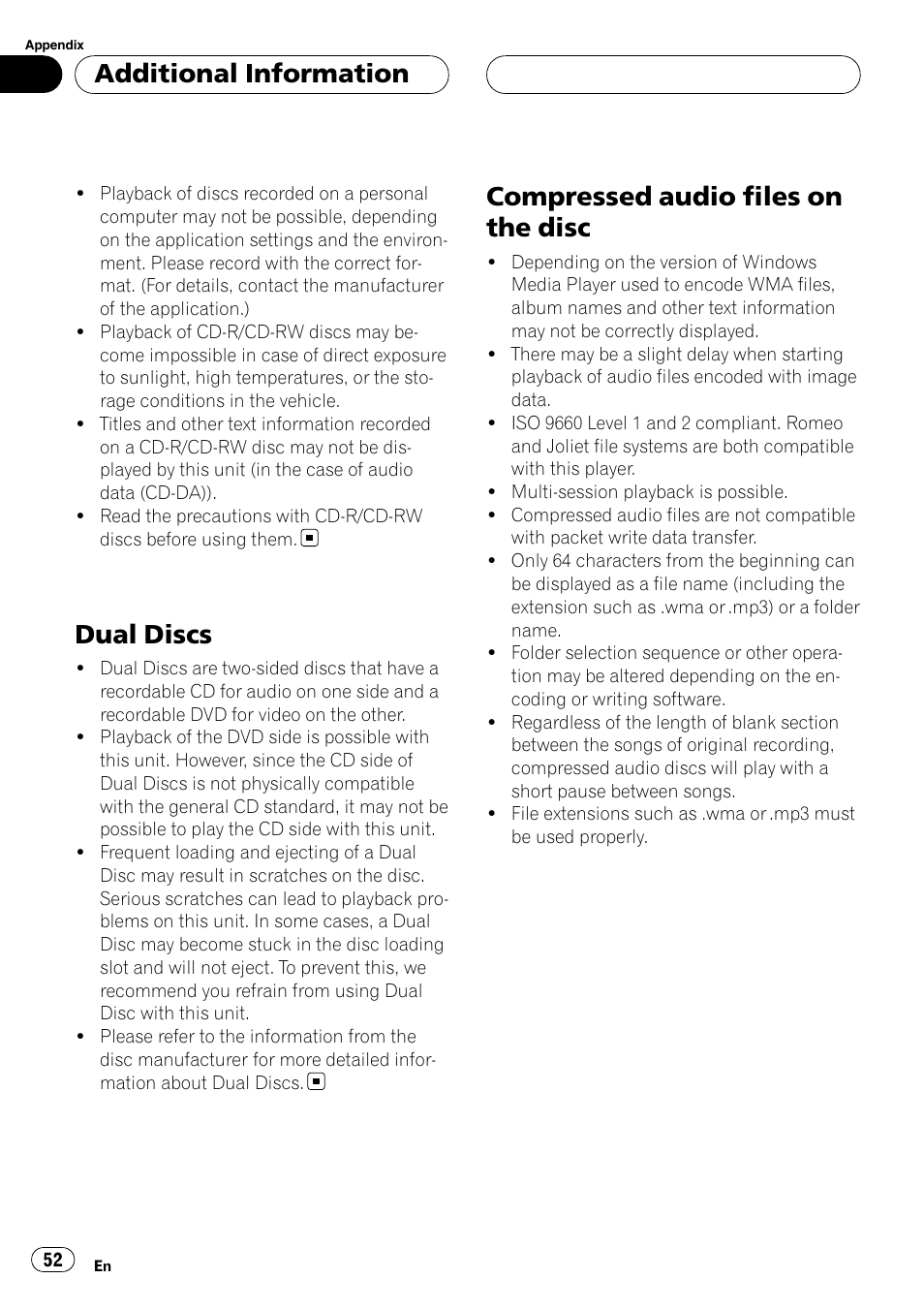 Dual discs, Compressed audio files on the disc, Additional information | Pioneer DVH-3900MP User Manual | Page 52 / 112