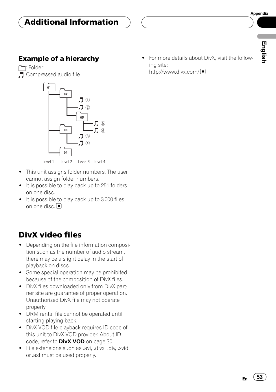 Example of a hierarchy 53, Divx video files, Additional information | Example of a hierarchy | Pioneer DVH-3900MP User Manual | Page 53 / 112
