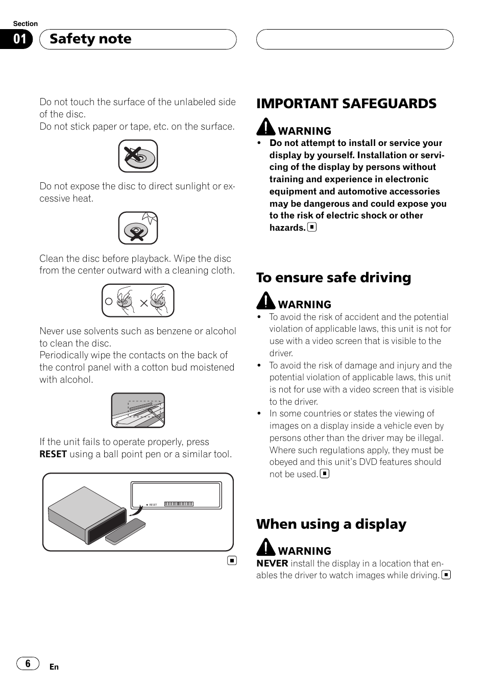 Important safeguards, To ensure safe driving, When using a display | Pioneer DVH-3900MP User Manual | Page 6 / 112