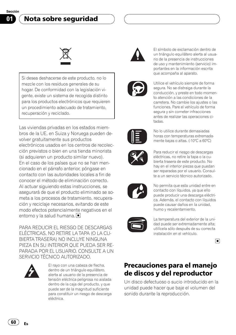 Nota sobre seguridad, Precauciones para el manejo de discos y del, Reproductor | Pioneer DVH-3900MP User Manual | Page 60 / 112