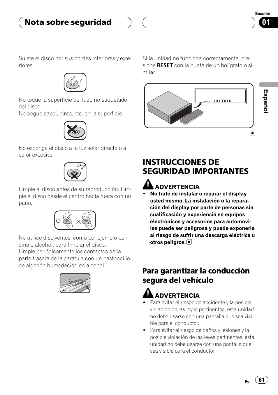 Instrucciones de seguridad, Importantes, Para garantizar la conducción segura del | Vehículo, Instrucciones de seguridad importantes, Para garantizar la conducción segura del vehículo, Nota sobre seguridad | Pioneer DVH-3900MP User Manual | Page 61 / 112