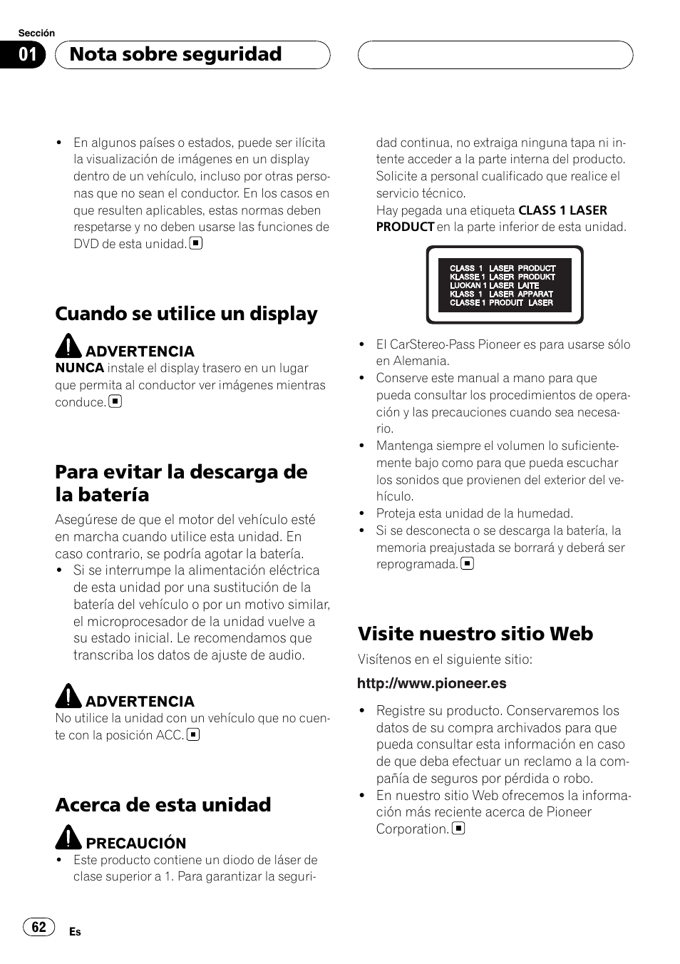 Cuando se utilice un display, Para evitar la descarga de la batería, Acerca de esta unidad | Visite nuestro sitio web, Nota sobre seguridad | Pioneer DVH-3900MP User Manual | Page 62 / 112