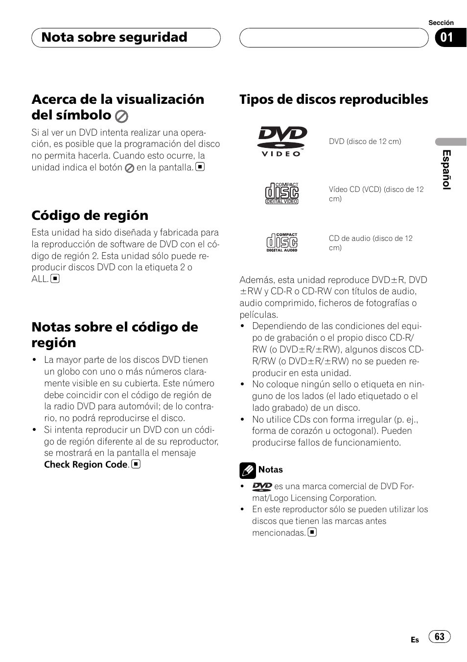 Acerca de la visualización del símbolo, Código de región, Notas sobre el código de región | Tipos de discos reproducibles, Nota sobre seguridad | Pioneer DVH-3900MP User Manual | Page 63 / 112