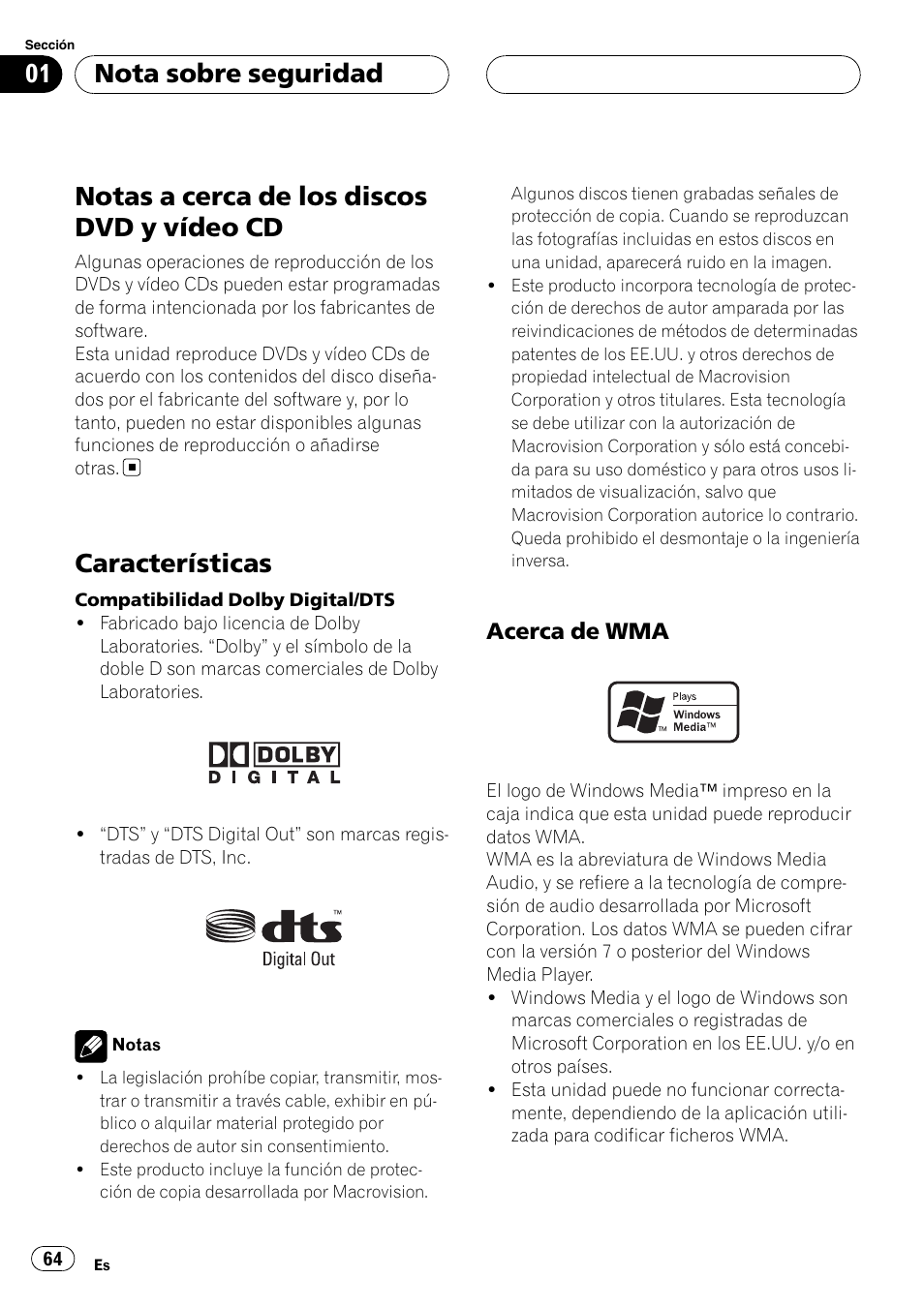 Notas a cerca de los discos dvd y vídeo, Características, Acerca de wma 64 | Notas a cerca de los discos dvd y vídeo cd, Nota sobre seguridad | Pioneer DVH-3900MP User Manual | Page 64 / 112