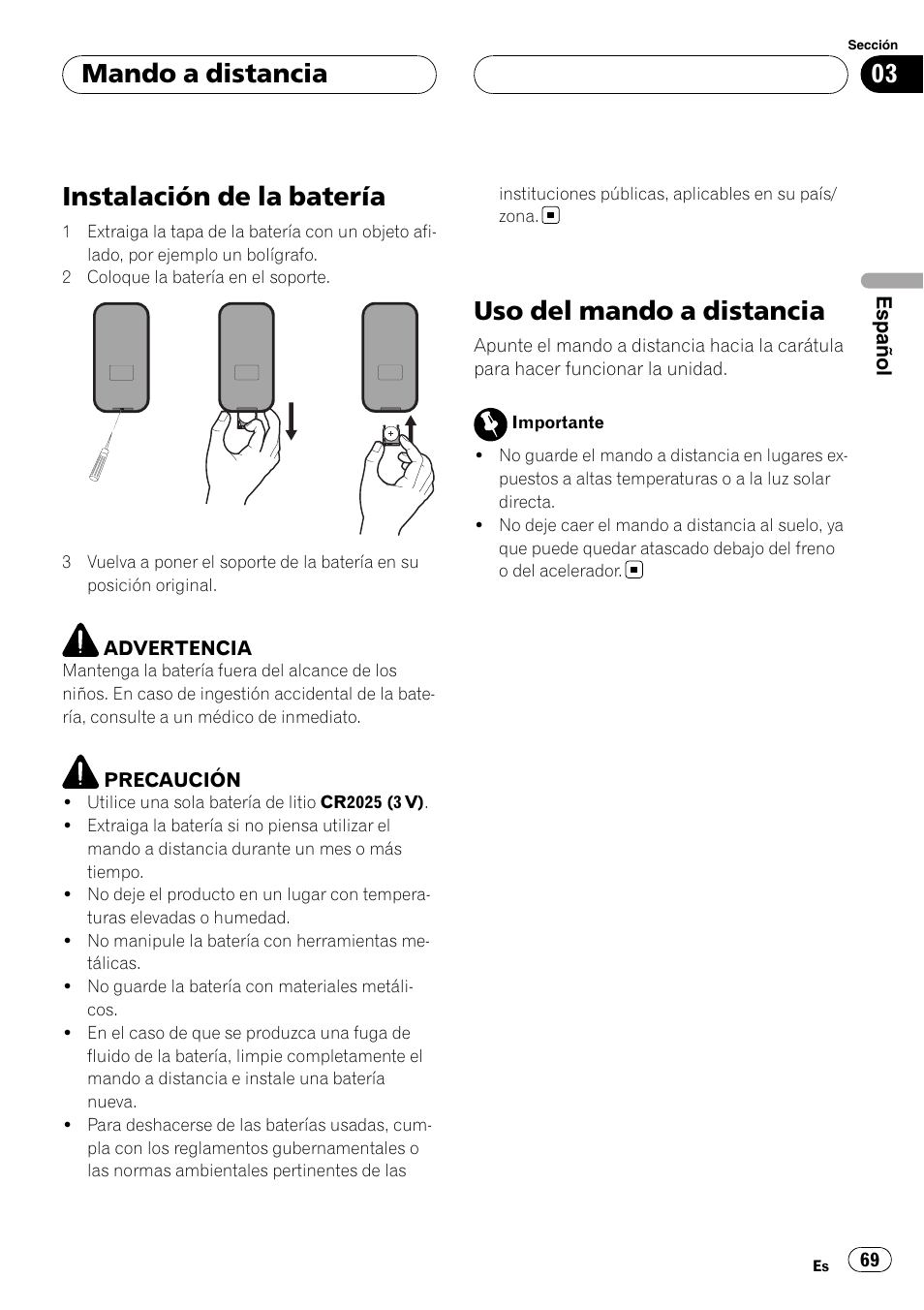 Instalación de la batería, Uso del mando a distancia, Mando a distancia | Pioneer DVH-3900MP User Manual | Page 69 / 112