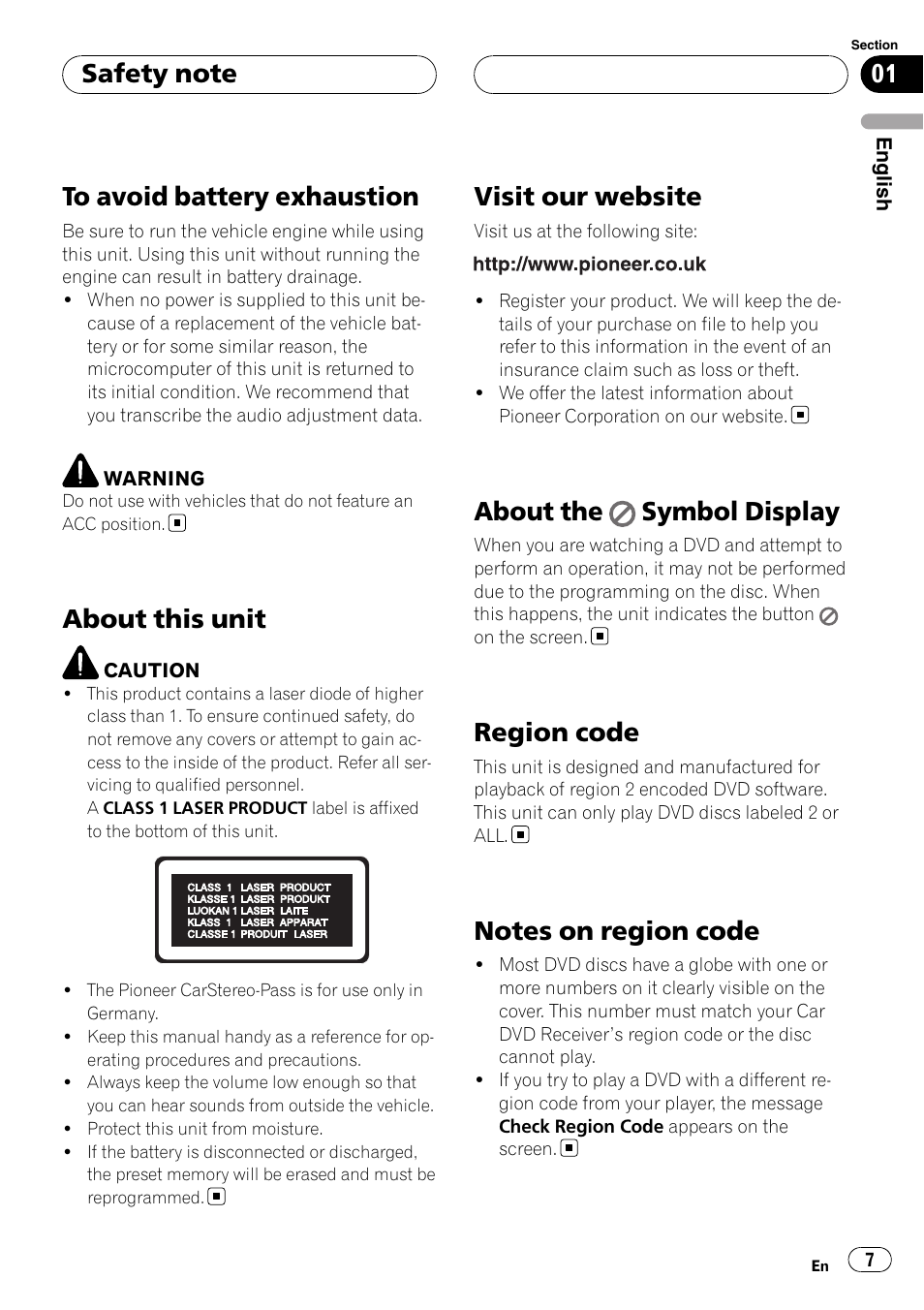 To avoid battery exhaustion, About this unit, Visit our website | About the, Symbol display, Region code, Notes on region code, About the symbol display | Pioneer DVH-3900MP User Manual | Page 7 / 112