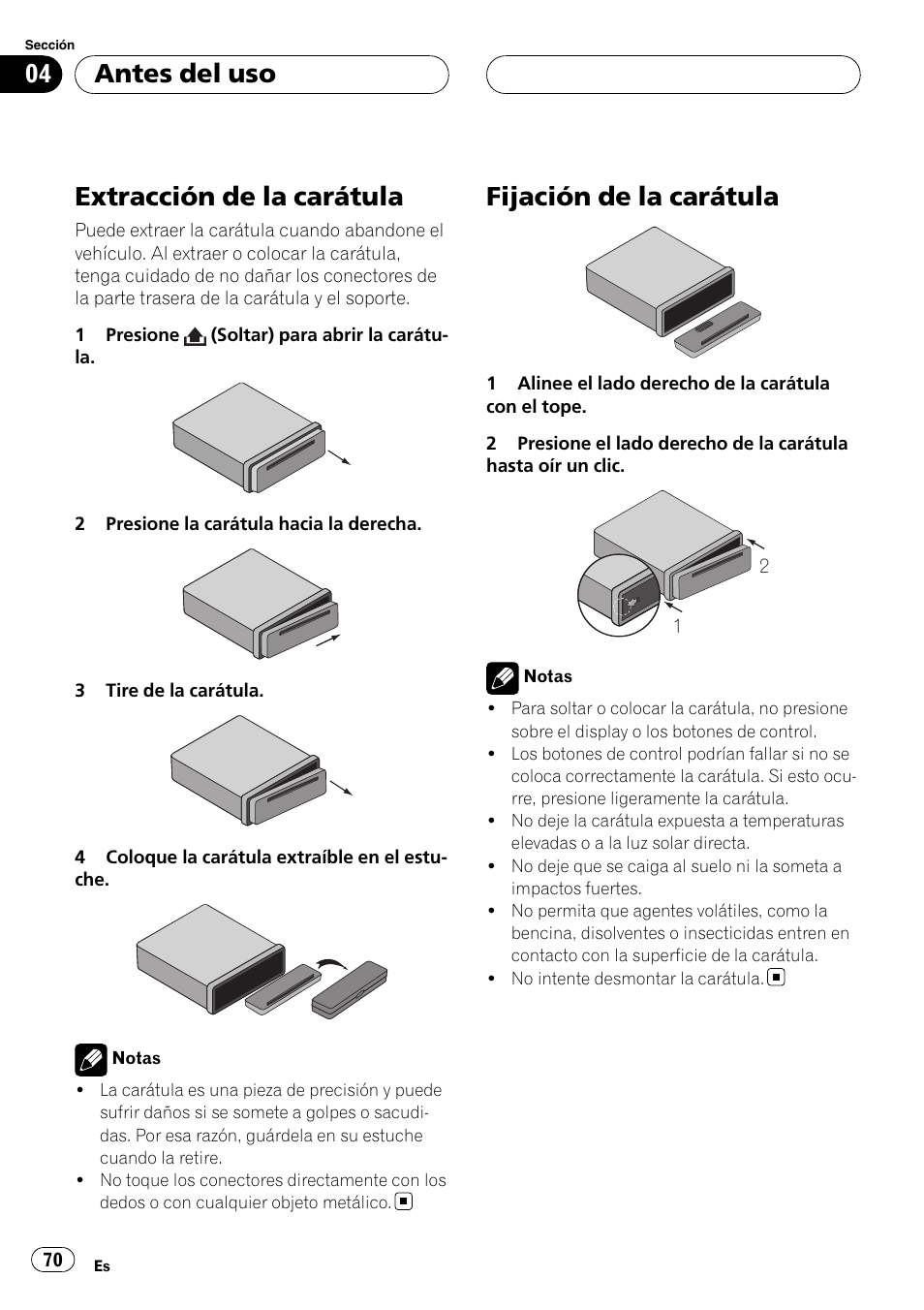 Antes del uso extracción de la carátula, Fijación de la carátula, Extracción de la carátula | Antes del uso | Pioneer DVH-3900MP User Manual | Page 70 / 112