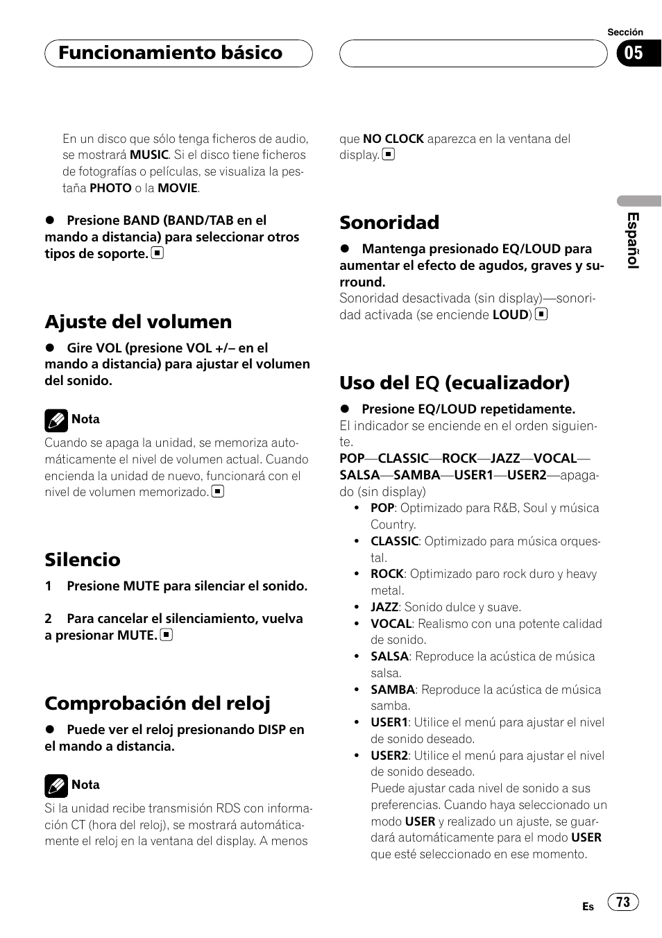 Ajuste del volumen, Silencio, Comprobación del reloj | Sonoridad, Uso del eq (ecualizador), Funcionamiento básico | Pioneer DVH-3900MP User Manual | Page 73 / 112