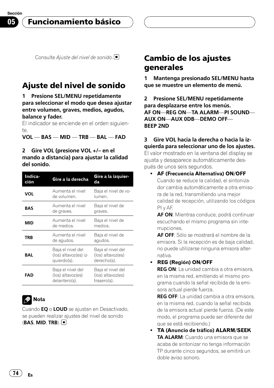 Ajuste del nivel de sonido, Cambio de los ajustes generales, Funcionamiento básico | Pioneer DVH-3900MP User Manual | Page 74 / 112