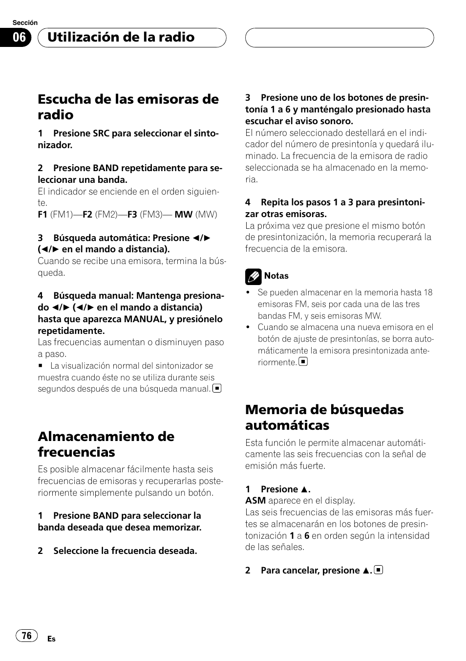 Almacenamiento de frecuencias, Memoria de búsquedas automáticas, Escucha de las emisoras de radio | Utilización de la radio | Pioneer DVH-3900MP User Manual | Page 76 / 112