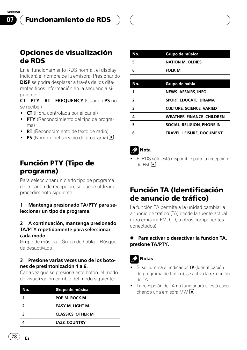 Función pty (tipo de programa), Función ta (identificación de anuncio de, Tráfico) | Opciones de visualización de rds, Función ta (identificación de anuncio de tráfico), Funcionamiento de rds | Pioneer DVH-3900MP User Manual | Page 78 / 112