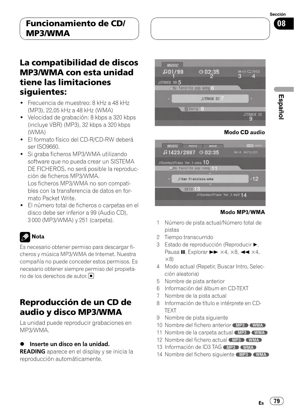 Esta unidad tiene las limitaciones siguientes, Reproducción de un cd de audio y disco, Mp3/wma | Reproducción de un cd de audio y disco mp3/wma, Funcionamiento de cd/ mp3/wma | Pioneer DVH-3900MP User Manual | Page 79 / 112