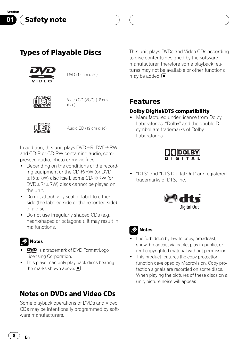 Types of playable discs, Notes on dvds and video cds, Features | Pioneer DVH-3900MP User Manual | Page 8 / 112