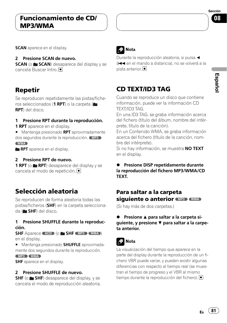 Repetir, Selección aleatoria, Cd text/id3 tag | Para saltar a la carpeta siguiente o, Anterior, Funcionamiento de cd/ mp3/wma, Para saltar a la carpeta siguiente o anterior | Pioneer DVH-3900MP User Manual | Page 81 / 112