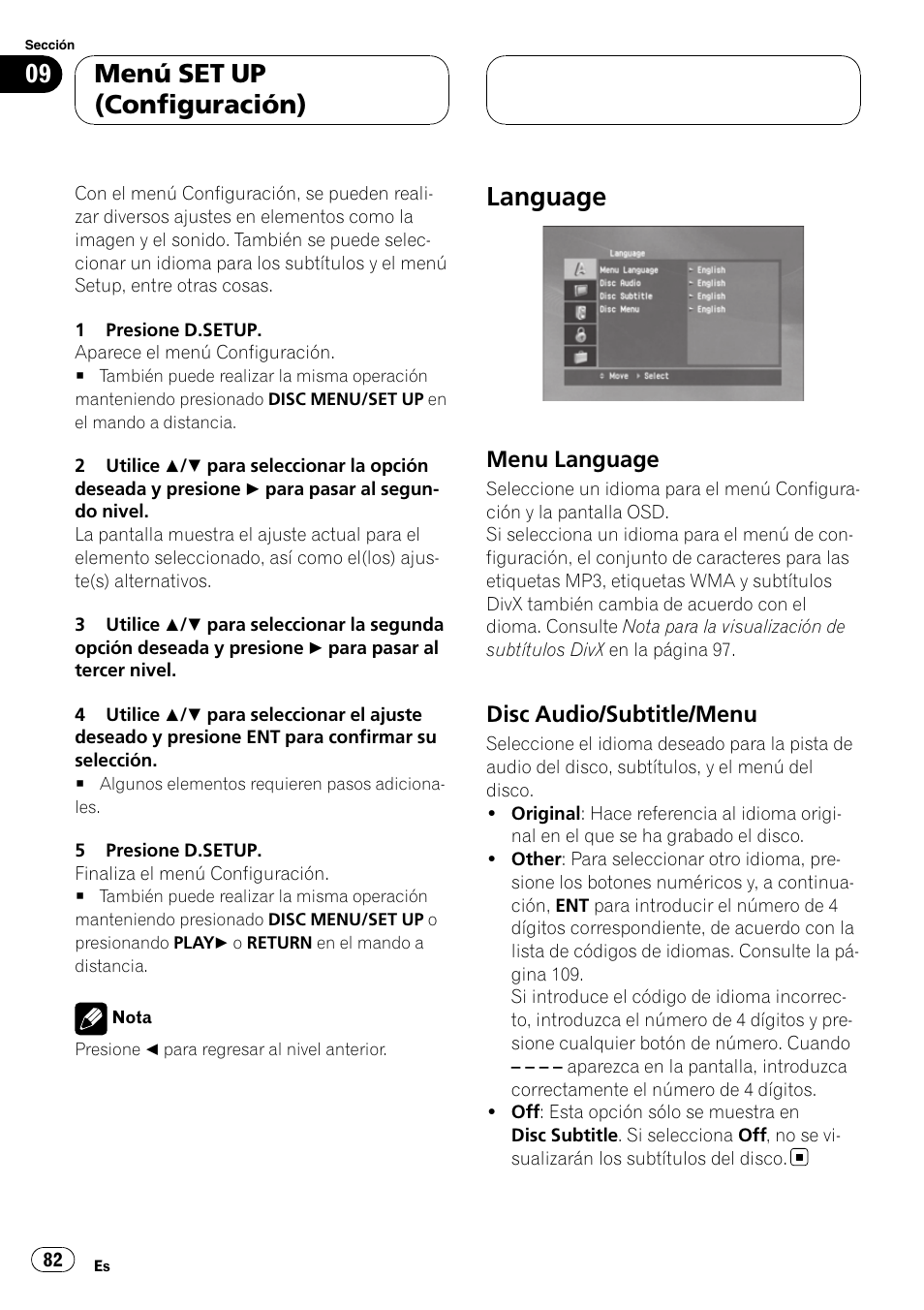 Menú set up (configuración) language, Menu language 82, Disc audio/subtitle/menu 82 | Language, Menú set up (configuración), Menu language, Disc audio/subtitle/menu | Pioneer DVH-3900MP User Manual | Page 82 / 112