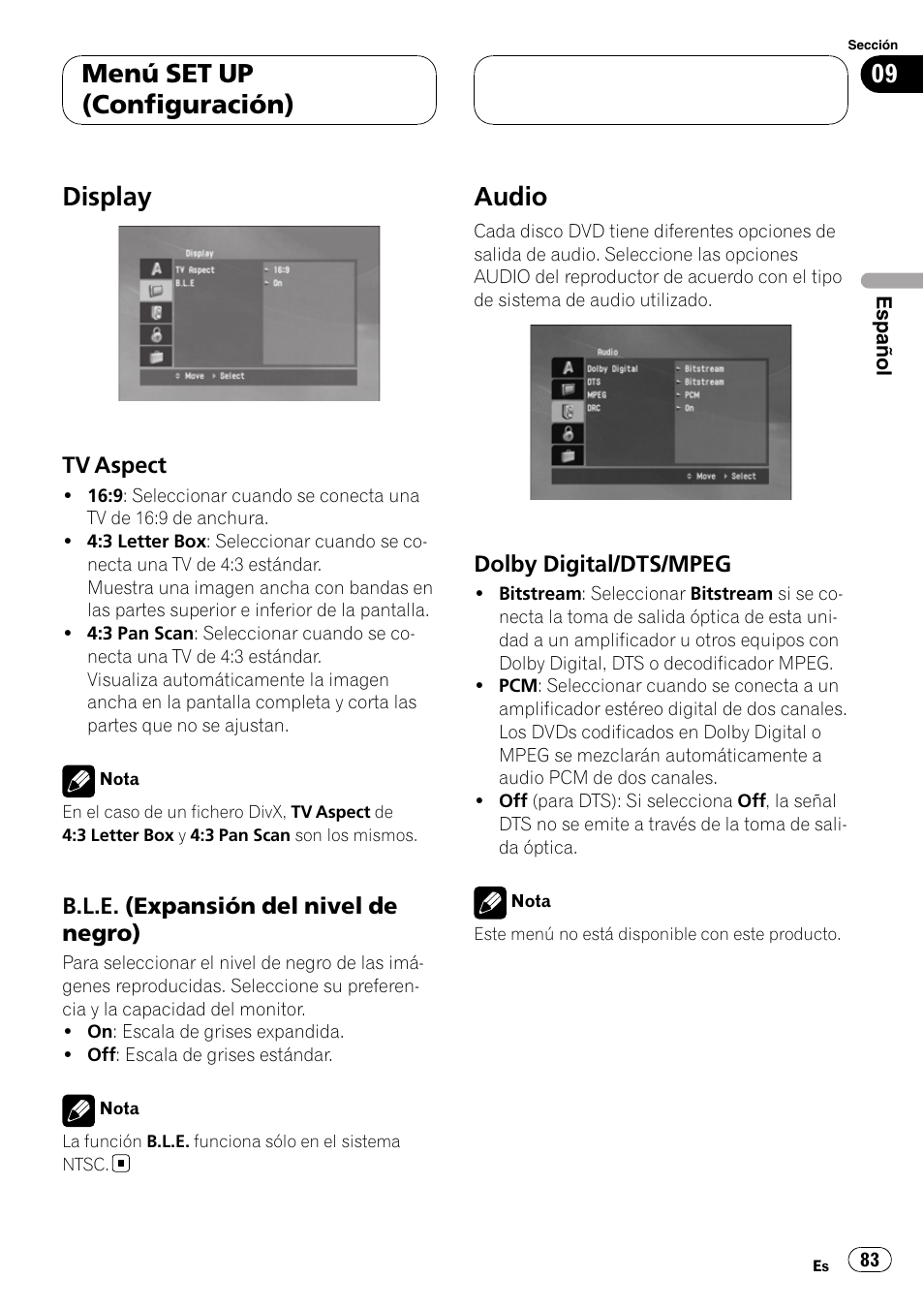 Display, Tv aspect 83, B.l.e. (expansión del nivel de | Negro), Audio, Dolby digital/dts/mpeg 83, Menú set up (configuración) | Pioneer DVH-3900MP User Manual | Page 83 / 112