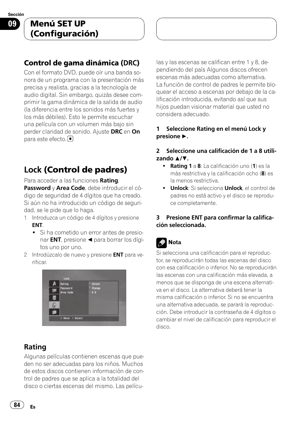 Control de gama dinámica (drc) 84, Lock (control de padres), Rating 84 | Menú set up (configuración), Control de gama dinámica (drc), Rating | Pioneer DVH-3900MP User Manual | Page 84 / 112