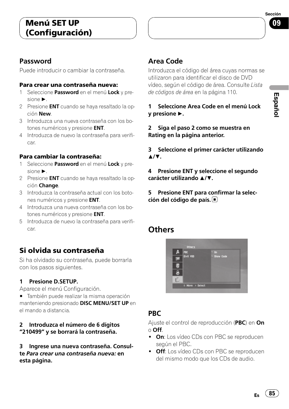 Password 85, Si olvida su contraseña 85, Area code 85 | Others, Pbc 85, Menú set up (configuración), Password, Si olvida su contraseña, Area code | Pioneer DVH-3900MP User Manual | Page 85 / 112