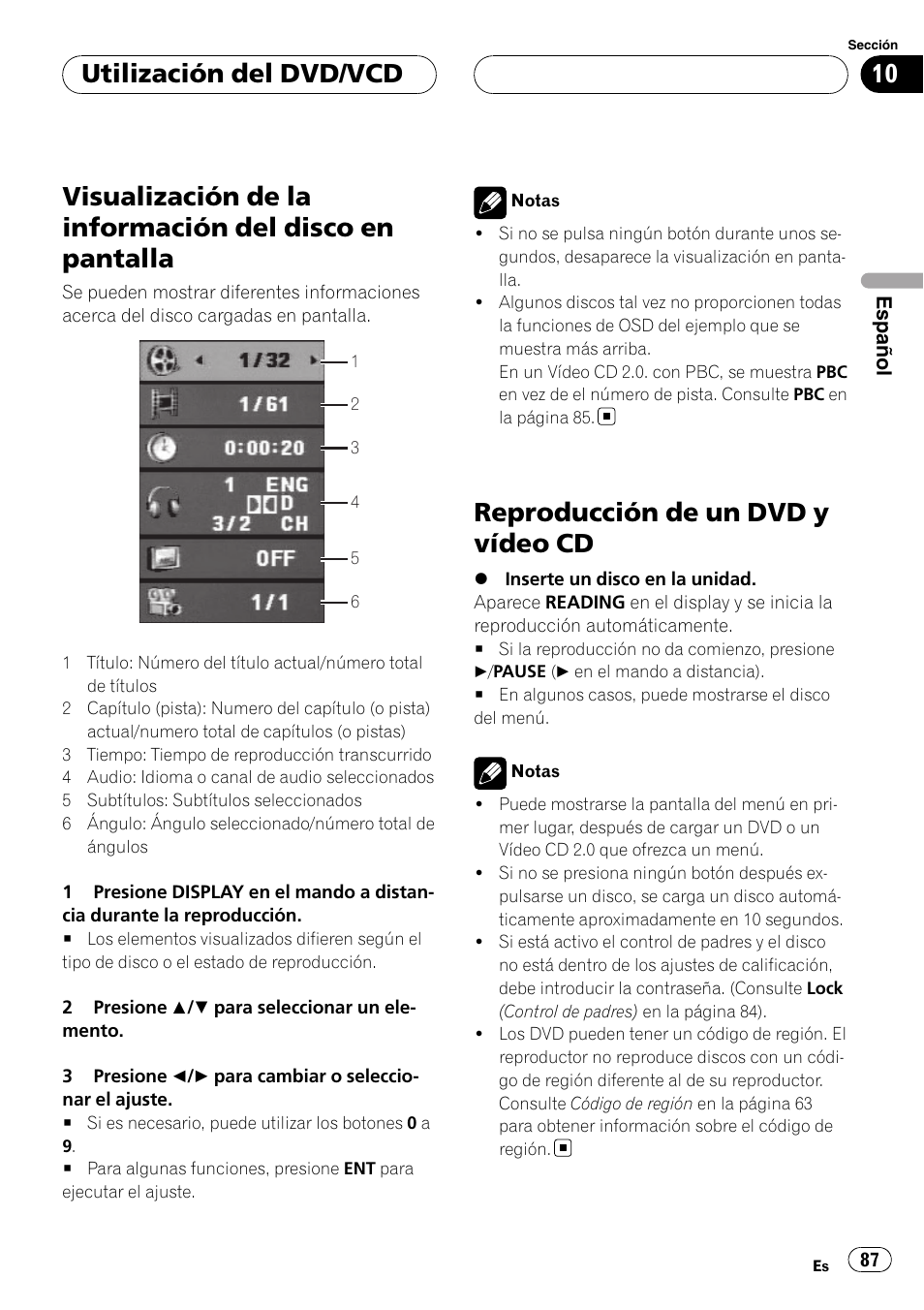 Pantalla, Reproducción de un dvd y vídeo cd, Utilización del dvd/vcd | Pioneer DVH-3900MP User Manual | Page 87 / 112