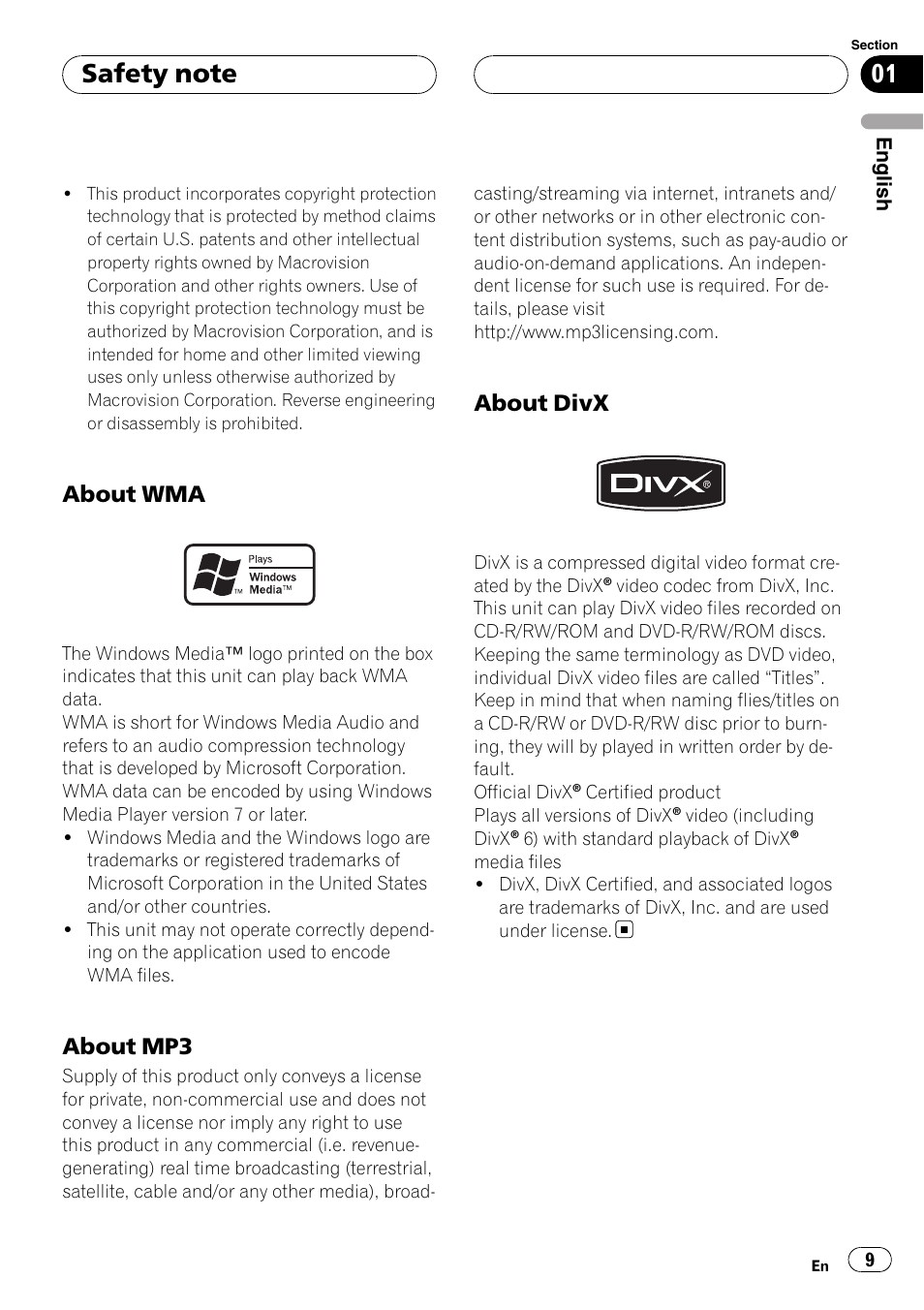 About wma 9, About mp3 9, About divx 9 | About wma, About mp3, About divx | Pioneer DVH-3900MP User Manual | Page 9 / 112