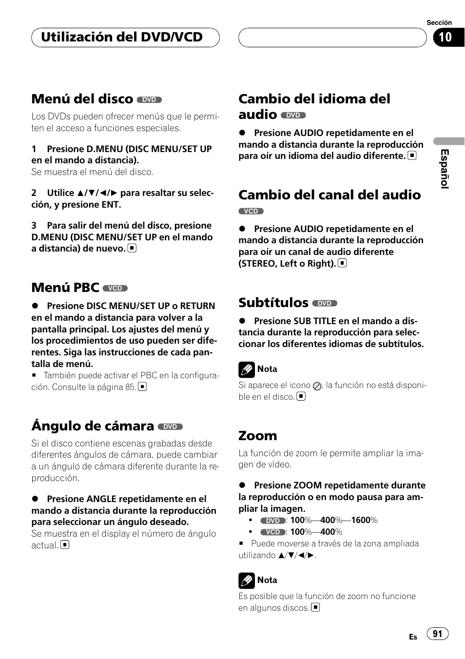 Menú del disco, Menú pbc, Ángulo de cámara | Cambio del idioma del audio, Cambio del canal del audio, Subtítulos, Zoom, Utilización del dvd/vcd | Pioneer DVH-3900MP User Manual | Page 91 / 112