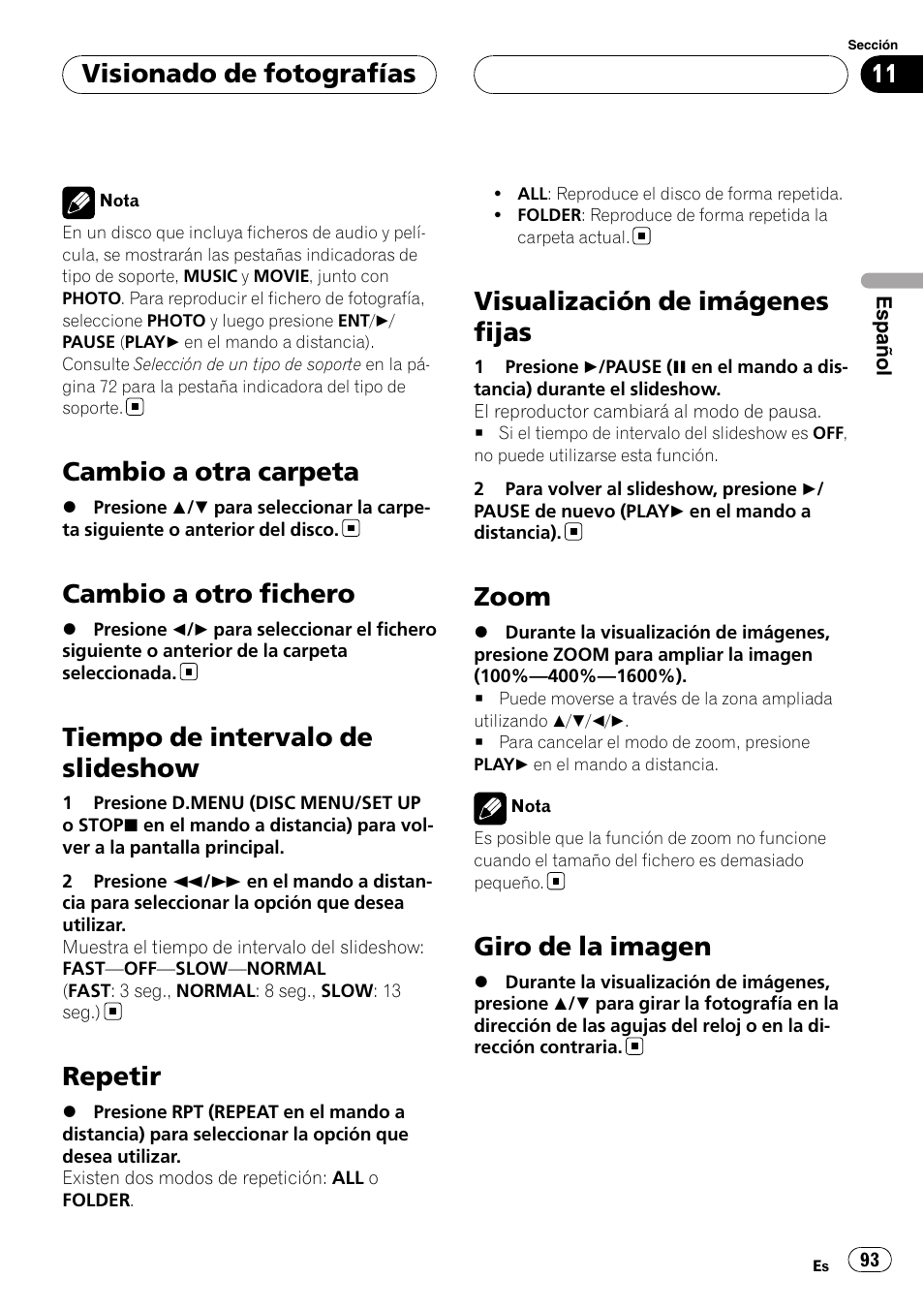 Cambio a otra carpeta, Cambio a otro fichero, Tiempo de intervalo de slideshow | Repetir, Visualización de imágenes fijas, Zoom, Giro de la imagen, Visionado de fotografías | Pioneer DVH-3900MP User Manual | Page 93 / 112