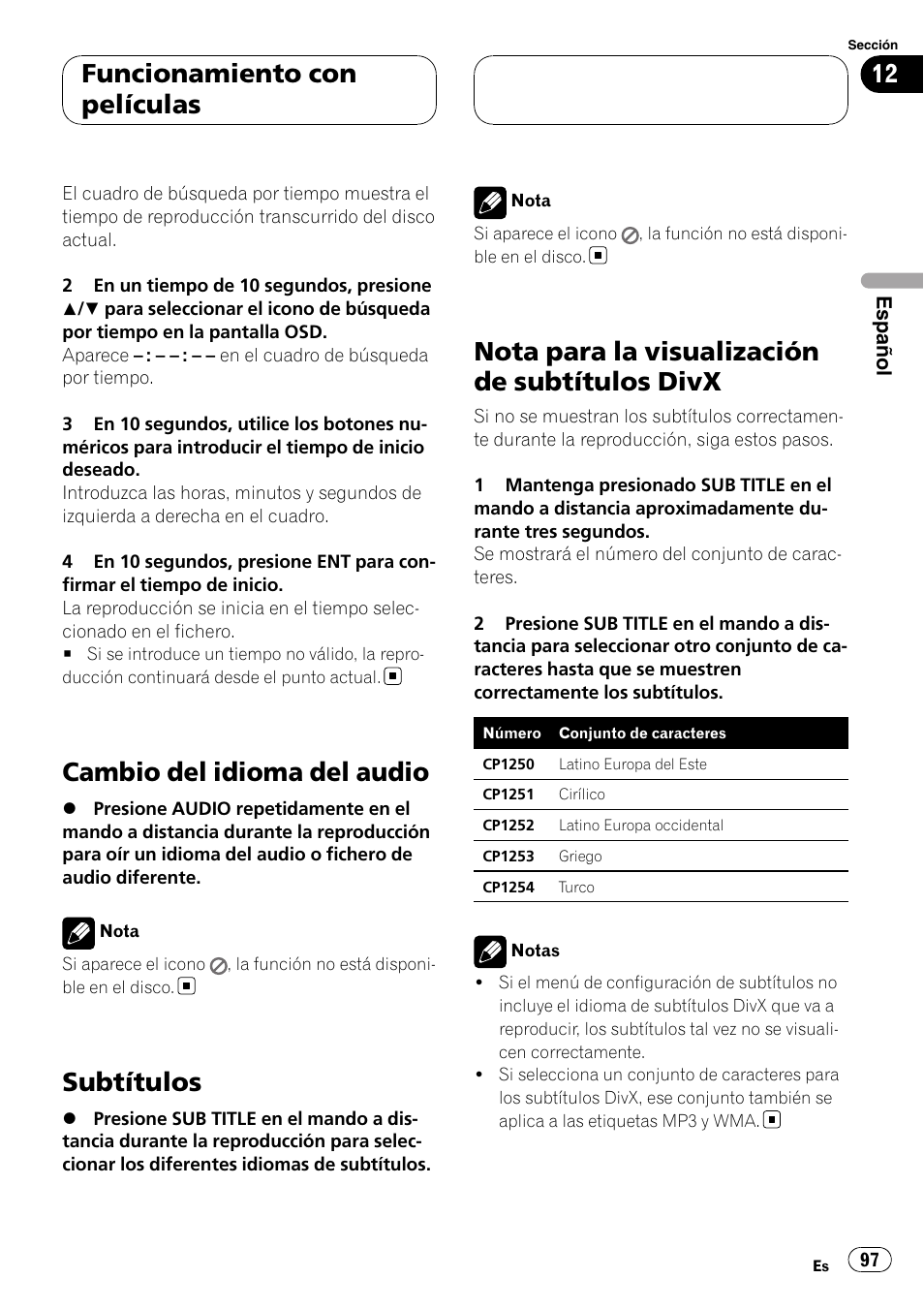 Cambio del idioma del audio, Subtítulos, Nota para la visualización de subtítulos | Divx, Nota para la visualización de subtítulos divx, Funcionamiento con películas | Pioneer DVH-3900MP User Manual | Page 97 / 112