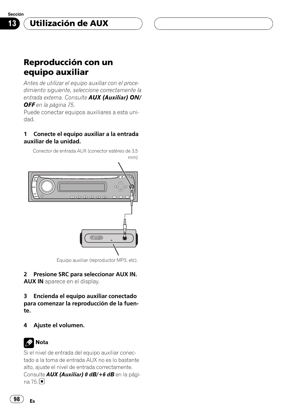 Reproducción con un equipo auxiliar, Utilización de aux | Pioneer DVH-3900MP User Manual | Page 98 / 112