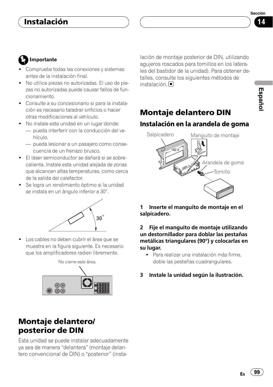 Instalación montaje delantero/posterior de din, Montaje delantero din, Instalación en la arandela de | Goma, Montaje delantero/ posterior de din, Instalación, Instalación en la arandela de goma | Pioneer DVH-3900MP User Manual | Page 99 / 112