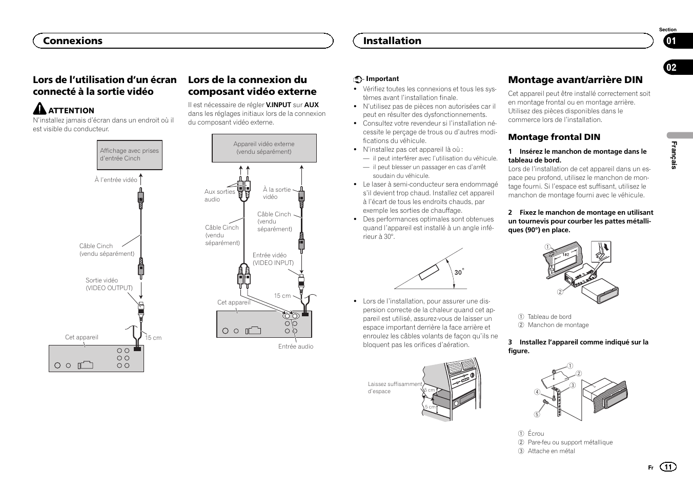 Lors de la connexion du composant vidéo externe, Montage avant/arrière din, Connexions | Installation | Pioneer DVH-340UB User Manual | Page 11 / 40