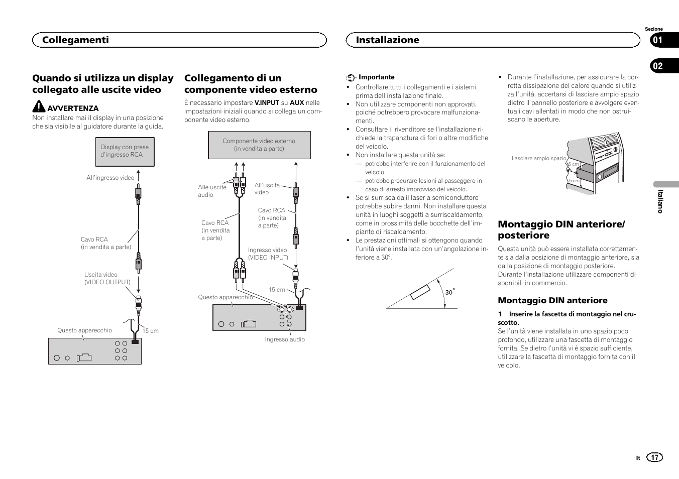 Collegamento di un componente video esterno, Montaggio din anteriore/ posteriore, Collegamenti | Installazione | Pioneer DVH-340UB User Manual | Page 17 / 40