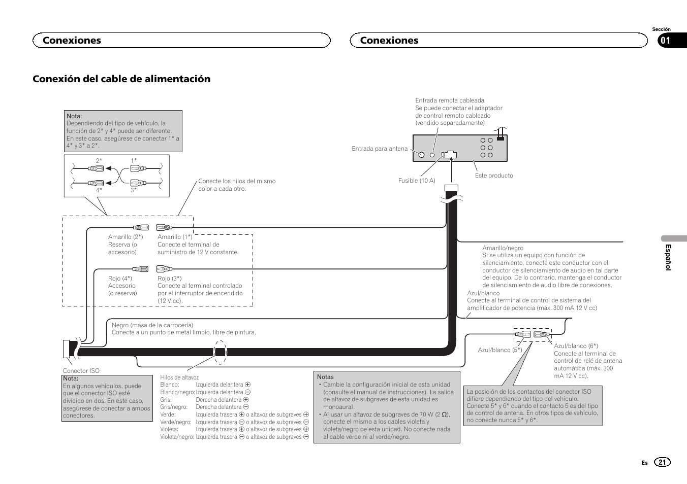 Conexión del cable de alimentación, Conexiones | Pioneer DVH-340UB User Manual | Page 21 / 40