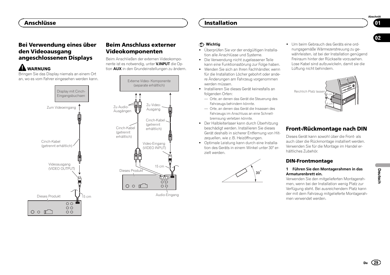 Beim anschluss externer videokomponenten, Front-/rückmontage nach din, Anschlüsse | Installation | Pioneer DVH-340UB User Manual | Page 29 / 40