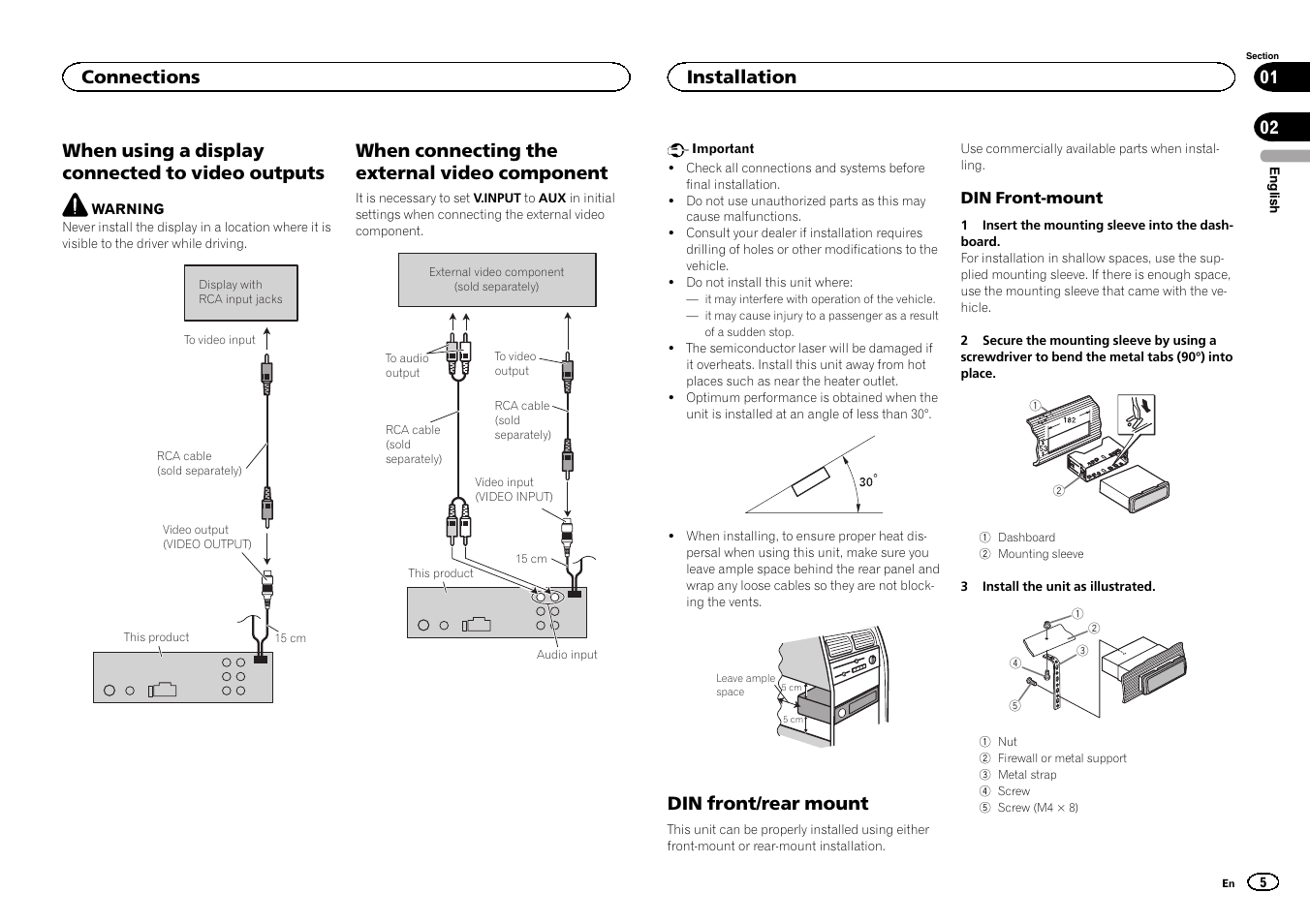 When using a display connected to video outputs, When connecting the external video component, Din front/rear mount | Connections, Installation | Pioneer DVH-340UB User Manual | Page 5 / 40