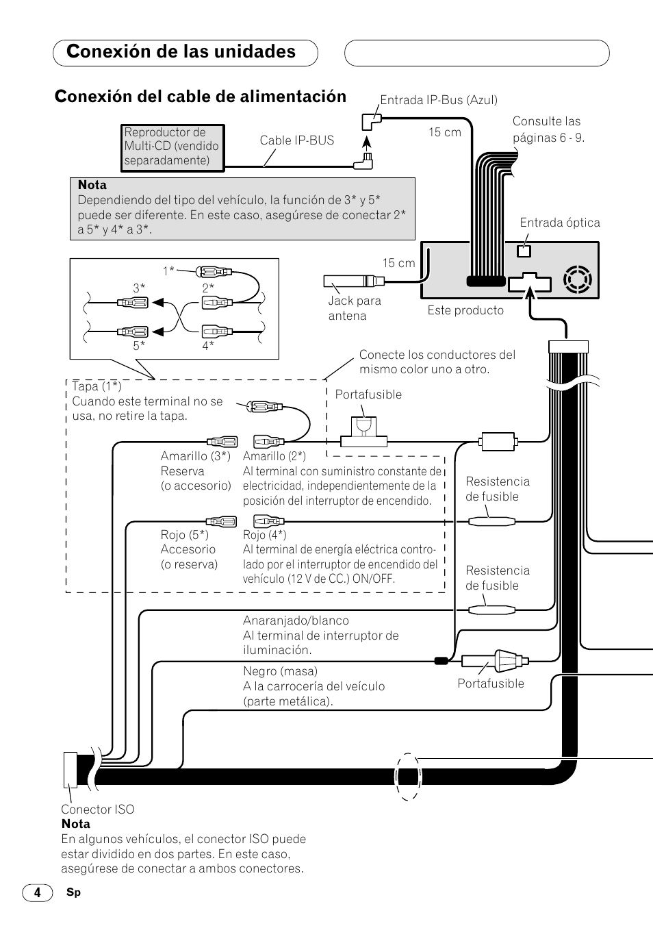 Conexión del cable de alimentación 4, Conexión de las unidades, Conexión del cable de alimentación | Pioneer DVH-P7000R User Manual | Page 16 / 76